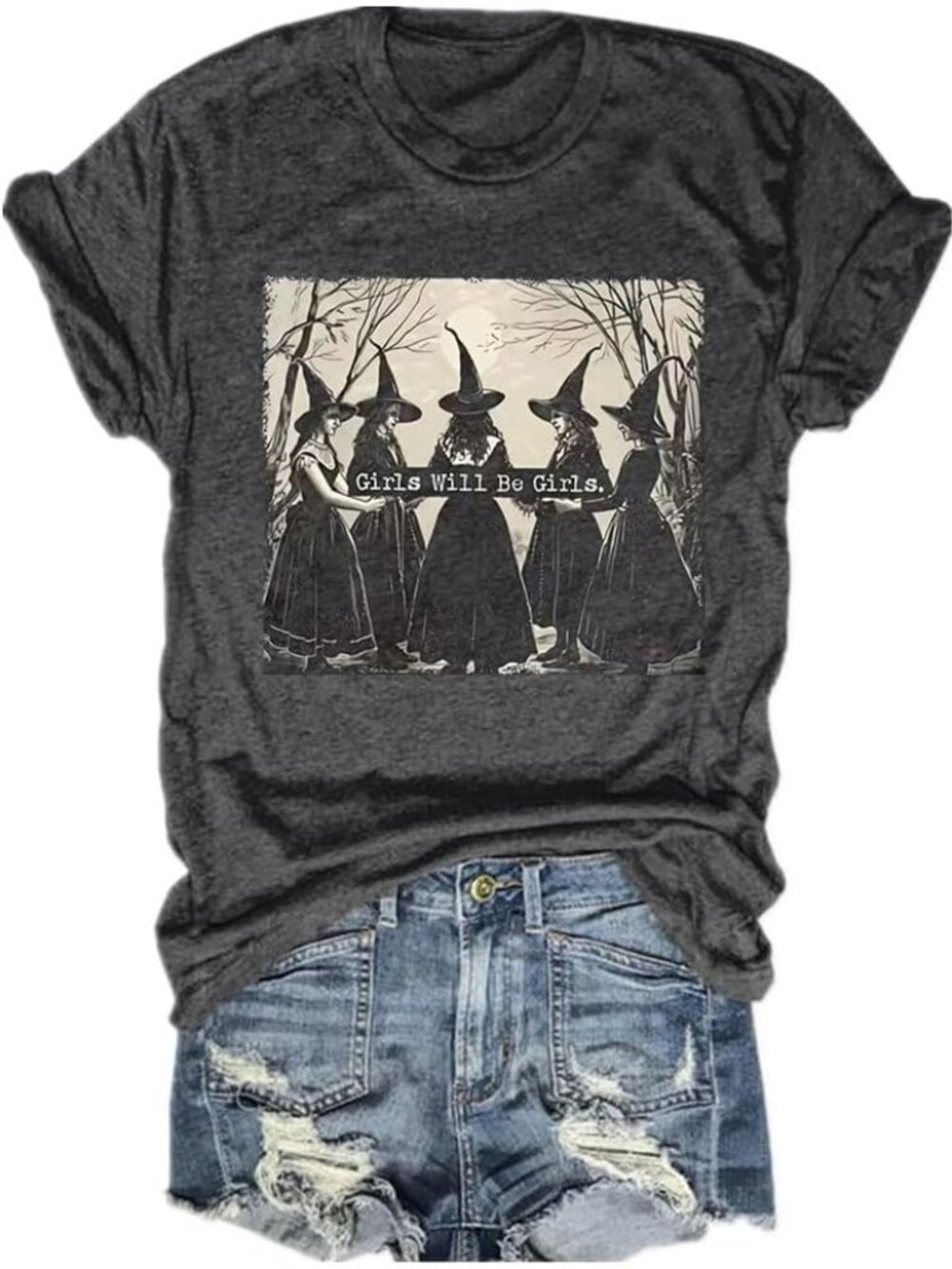 🆕 Women's Dark Gray Girls Will Be Girls Witches Coven Halloween Graphic Tee